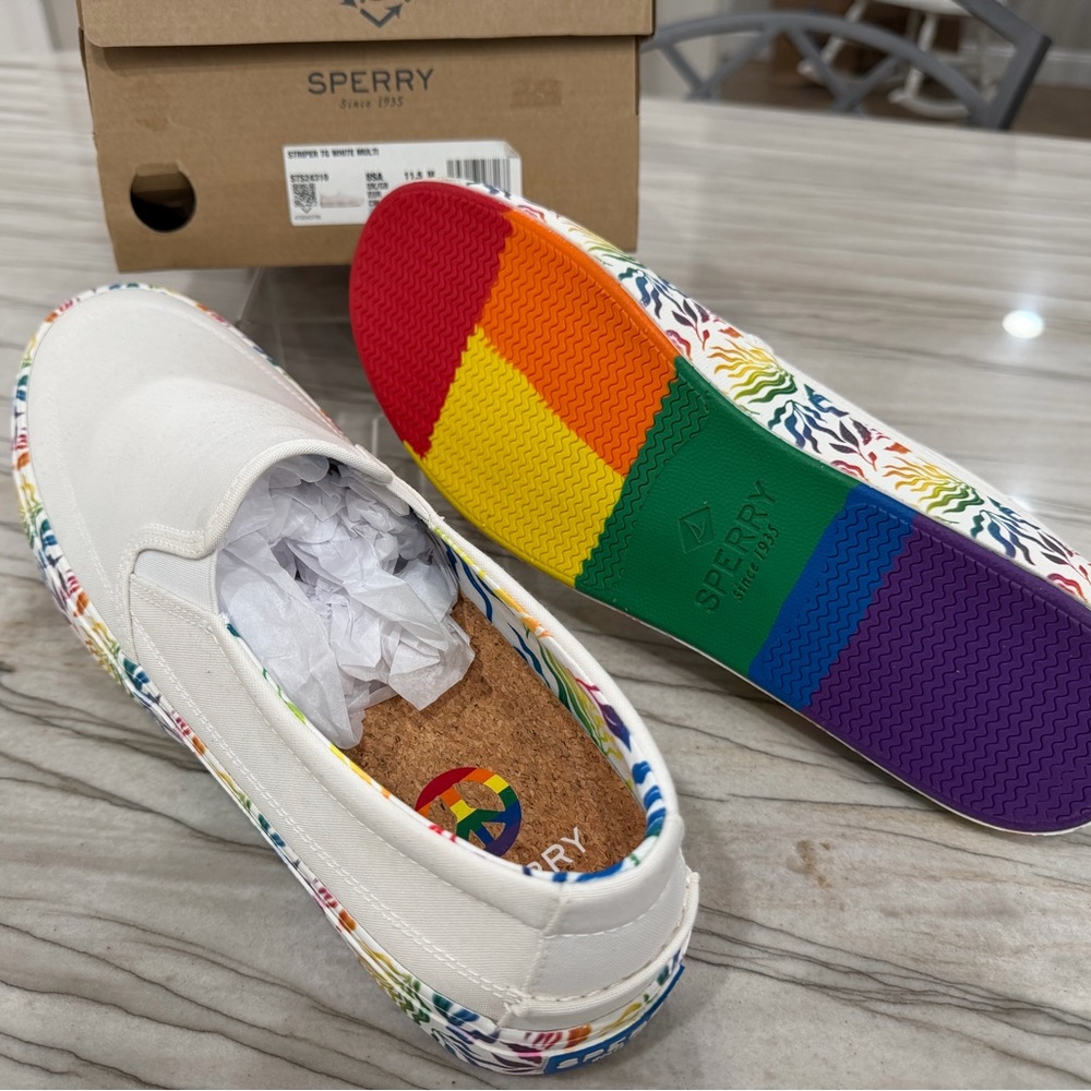 PRIDE Sperry White Slip-On Canvas Shoes with Rainbow Wave Sole